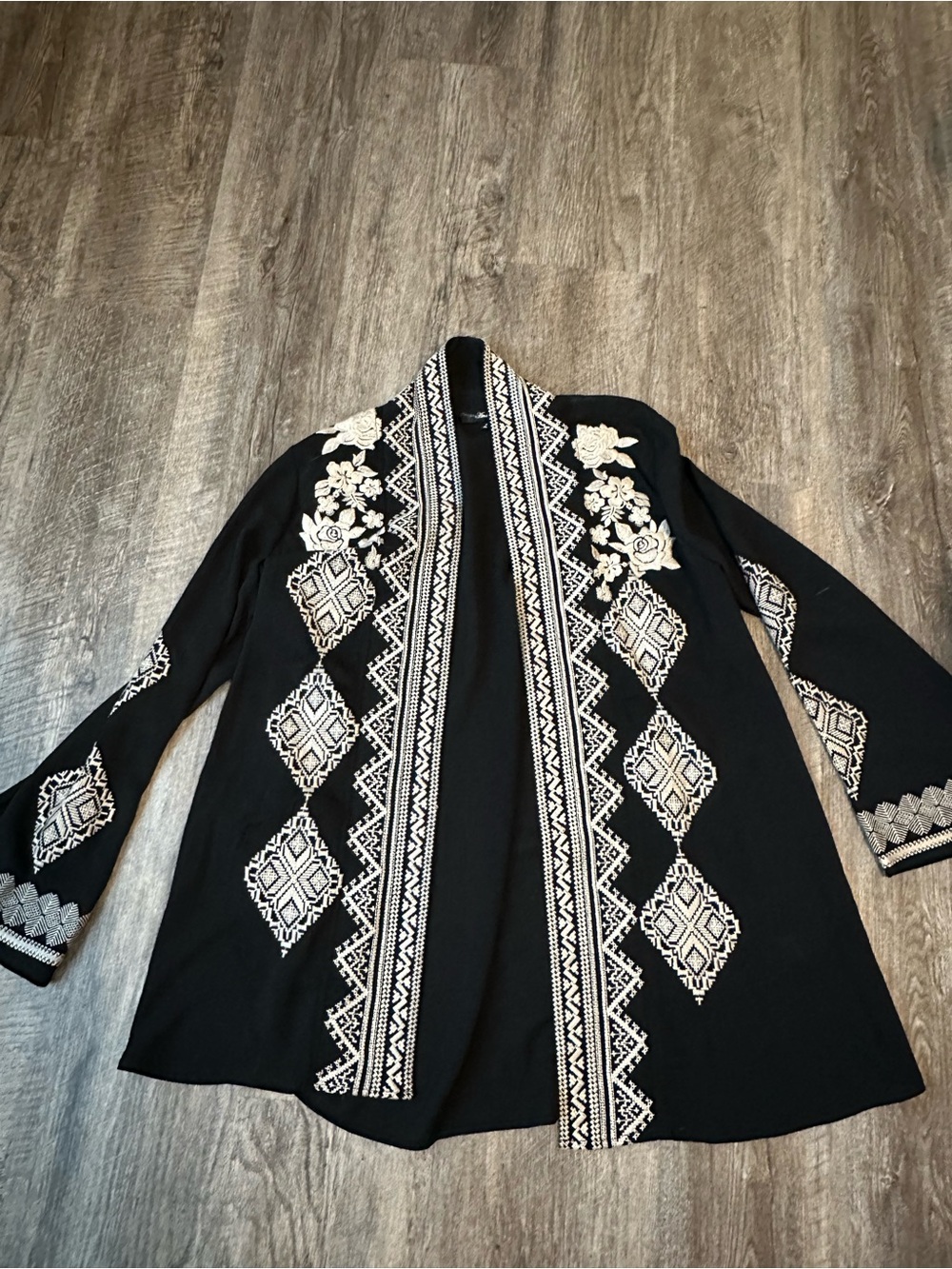 Black Embroidered Open Cardigan with Ivory Floral Accents